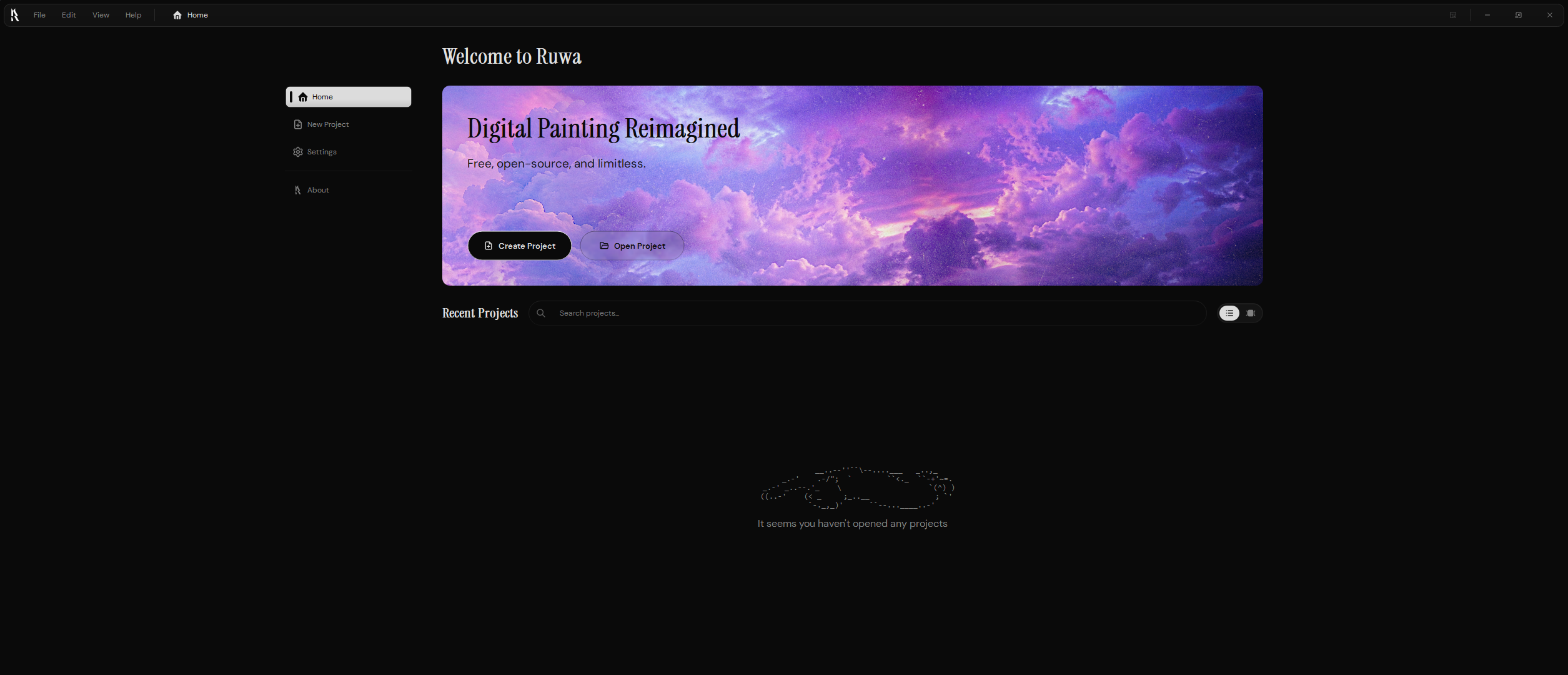 Ruwa Home screen with project actions and recent projects