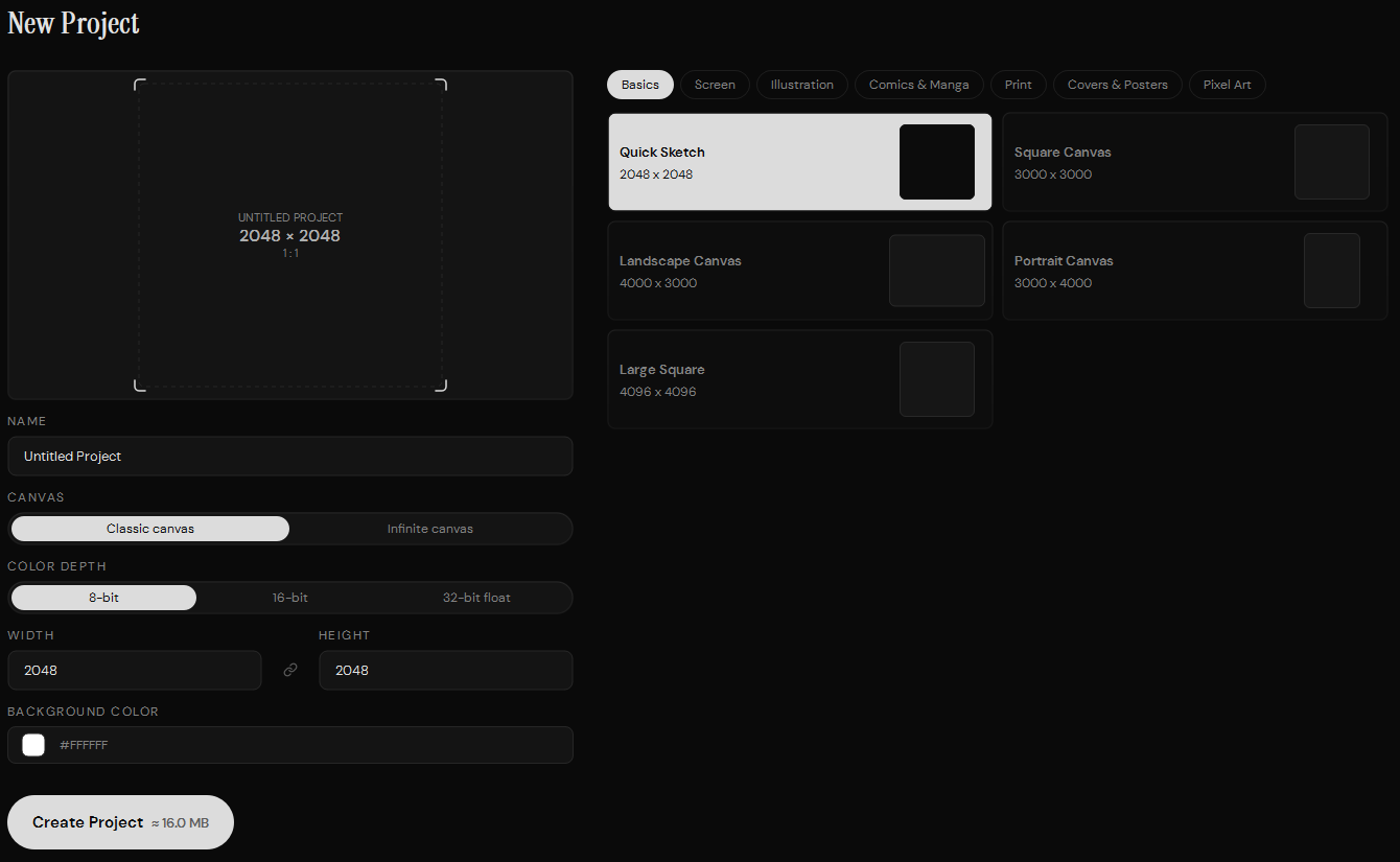 Ruwa New Project screen