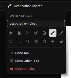 A project tab context menu with name, icon, and closing controls
